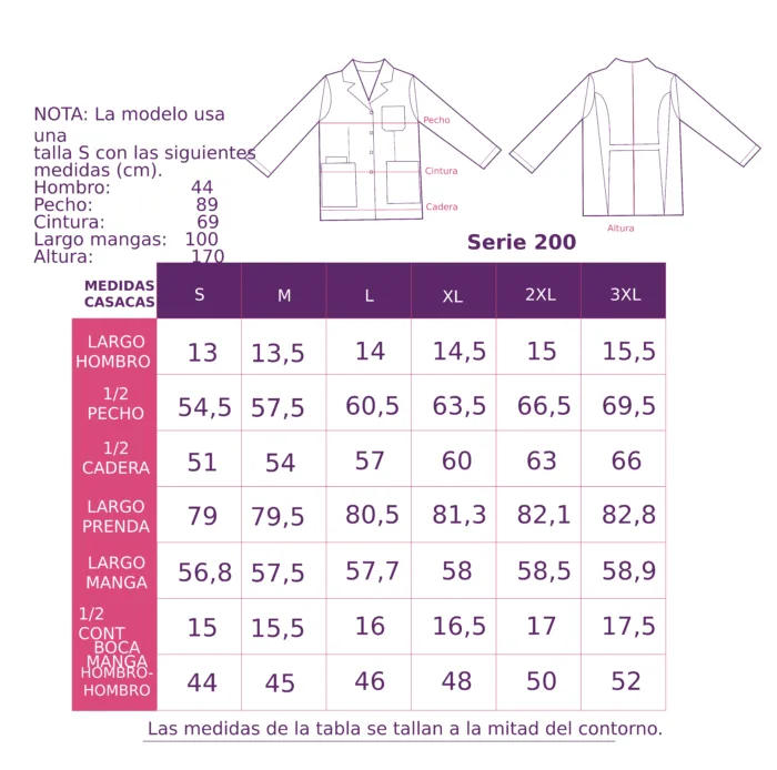 Tallas y medidas batas para optometrista